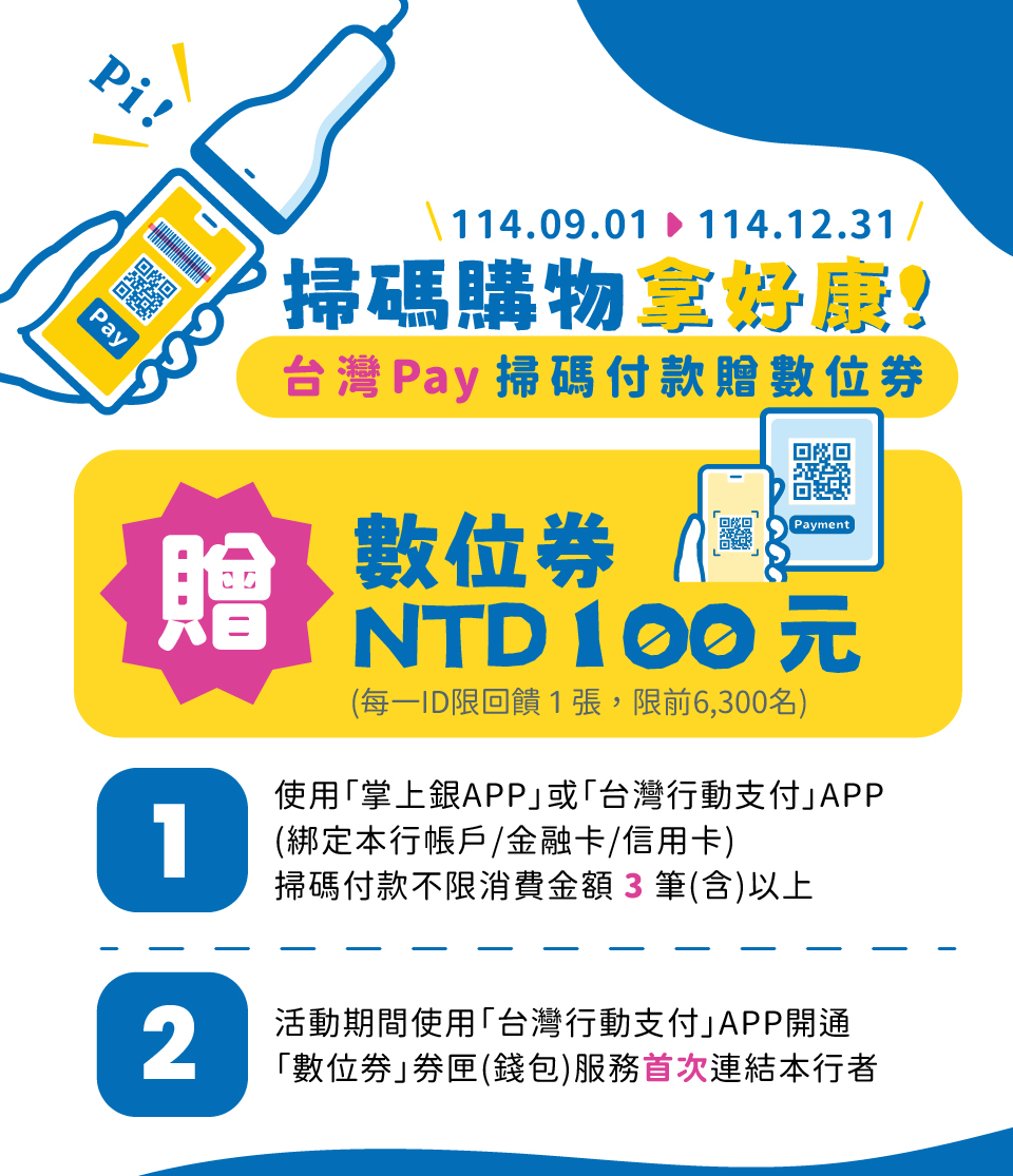 【掃碼購物拿好康! 台灣Pay掃碼付款贈數位券】，完成步驟贈100元數位券！