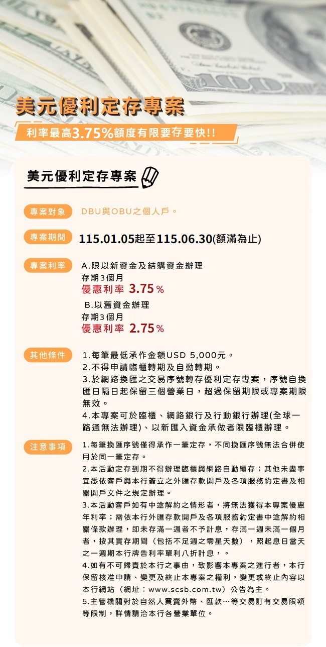 上海商銀推出美元優利定存，利率最高3.75%！！額滿截止要存要快~~