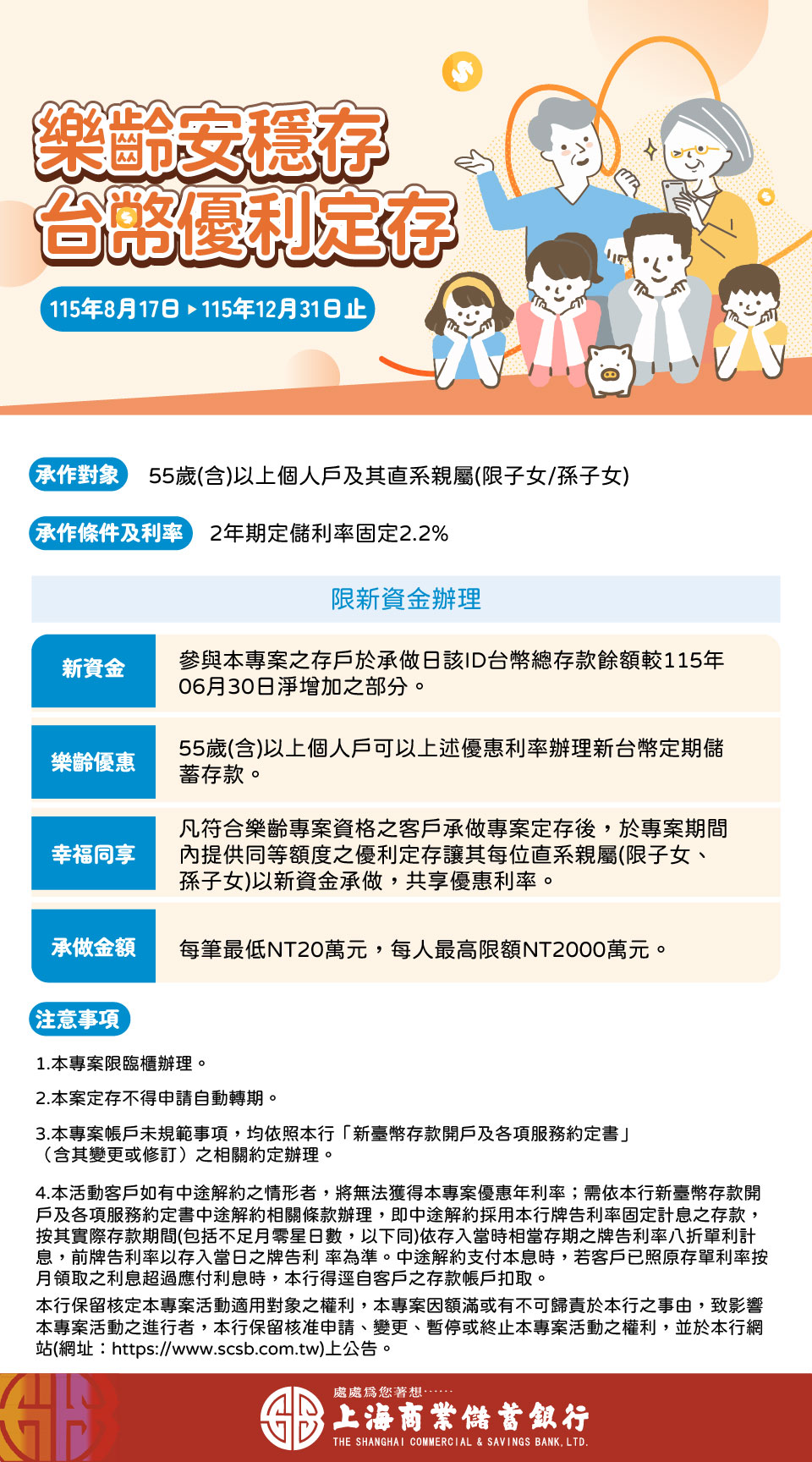 安心存．安穩領~【樂齡安穩存台幣優利定存專案】享優惠利率2.2%