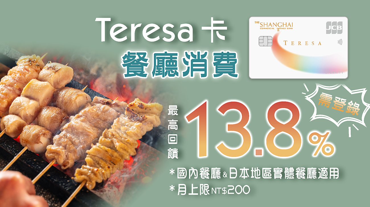 Teresa卡指定餐廳消費滿額最高享13.8%回饋!